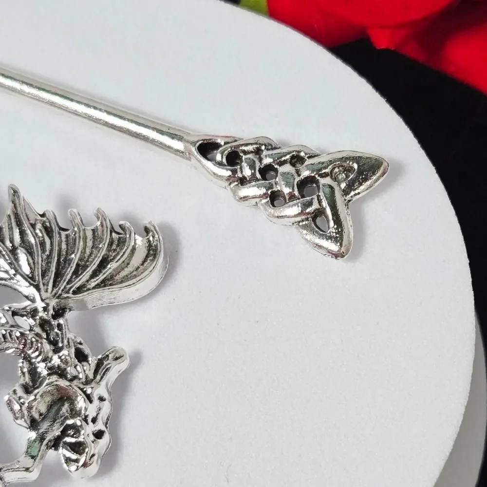 Silver Wyvern Dragon Celtic Knot Hair Pin Nordic Viking Stick Barrette Bun Clip